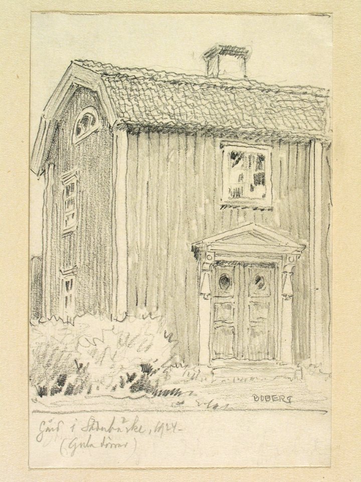 Dalarna, Söderbärke sn. Gård i Söderbärke, 1924 (gula dörrar) . Teckning av Ferdinand Boberg - Nordiska museet - NMA.0088180