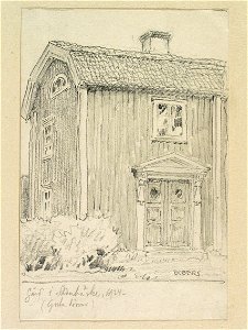 Dalarna, Söderbärke sn. Gård i Söderbärke, 1924 (gula dörrar) . Teckning av Ferdinand Boberg - Nordiska museet - NMA.0088180