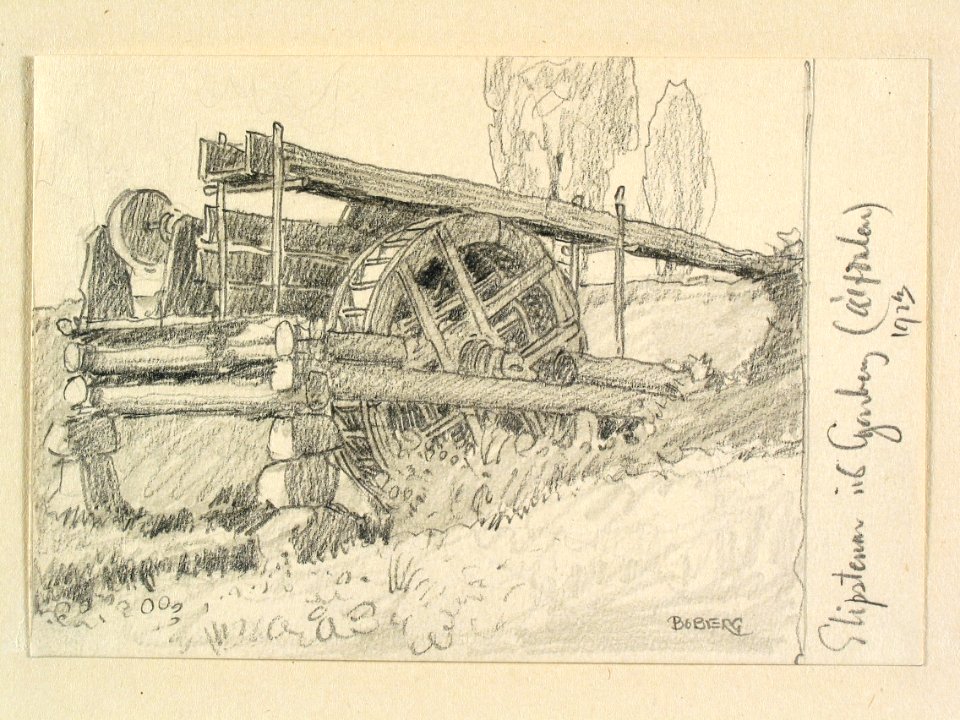 Dalarna, Älvdalens sn. Slipstenar vid Garberg. Teckning av Ferdinand Boberg - Nordiska museet - NMA.0088190