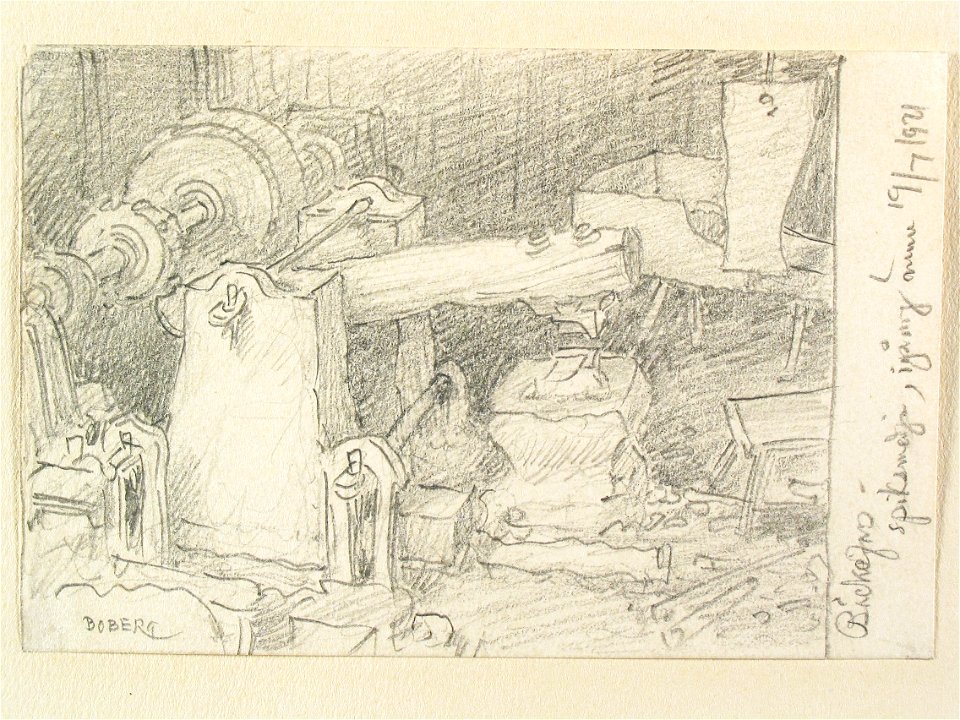 Dalsland, Bäckefors. Interiör, spiksmedja. Teckning av Ferdinand Boberg - Nordiska museet - NMA.0088030