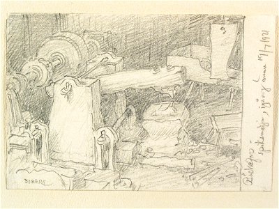 Dalsland, Bäckefors. Interiör, spiksmedja. Teckning av Ferdinand Boberg - Nordiska museet - NMA.0088030