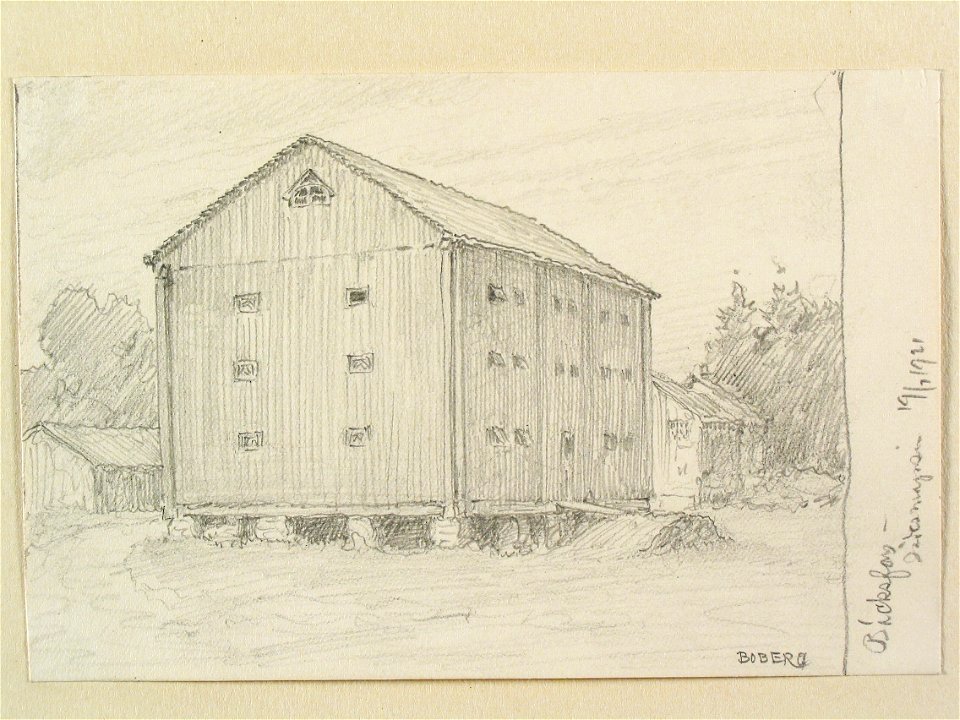Dalsland, Bäckefors. Sädesmagasin. Teckning av Ferdinand Boberg - Nordiska museet - NMA.0088026