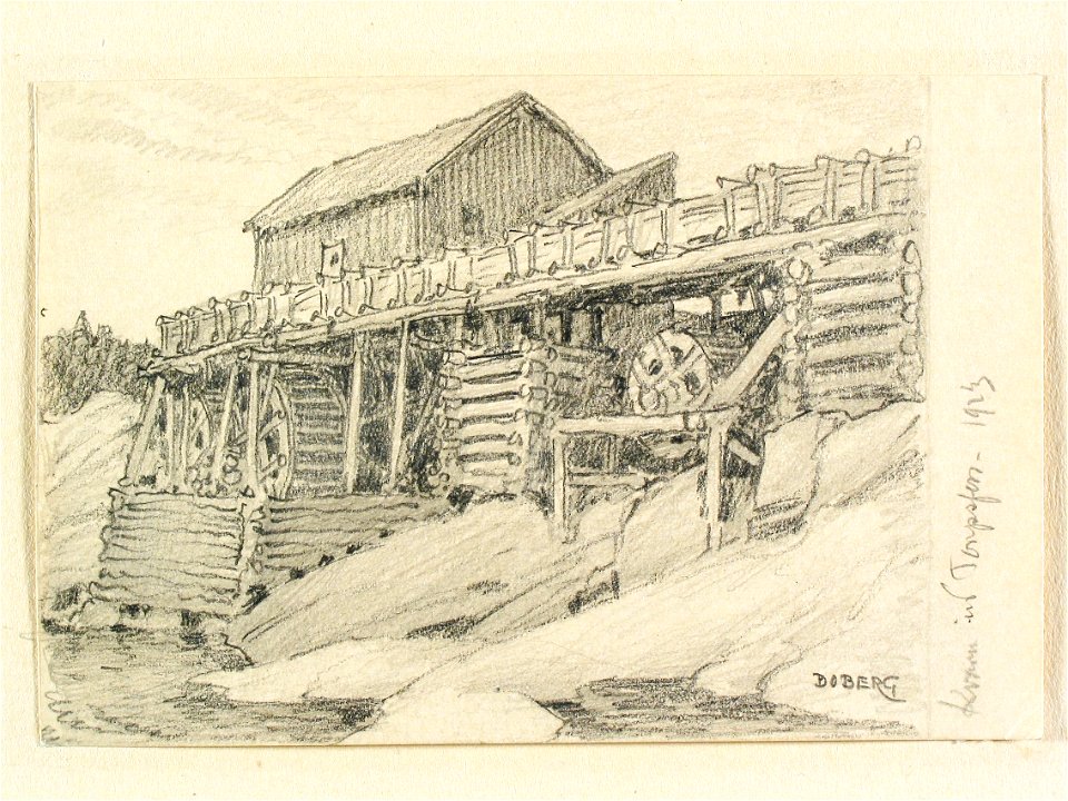 Dalsland, Torpsfors. Kvarn. Teckning av Ferdinand Boberg - Nordiska museet - NMA.0088011
