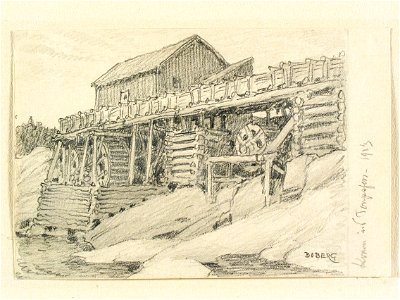 Dalsland, Torpsfors. Kvarn. Teckning av Ferdinand Boberg - Nordiska museet - NMA.0088011