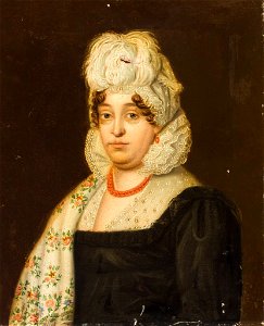 Damenportrait mit Straußenfeder Korallschmuck und besticktem Schal