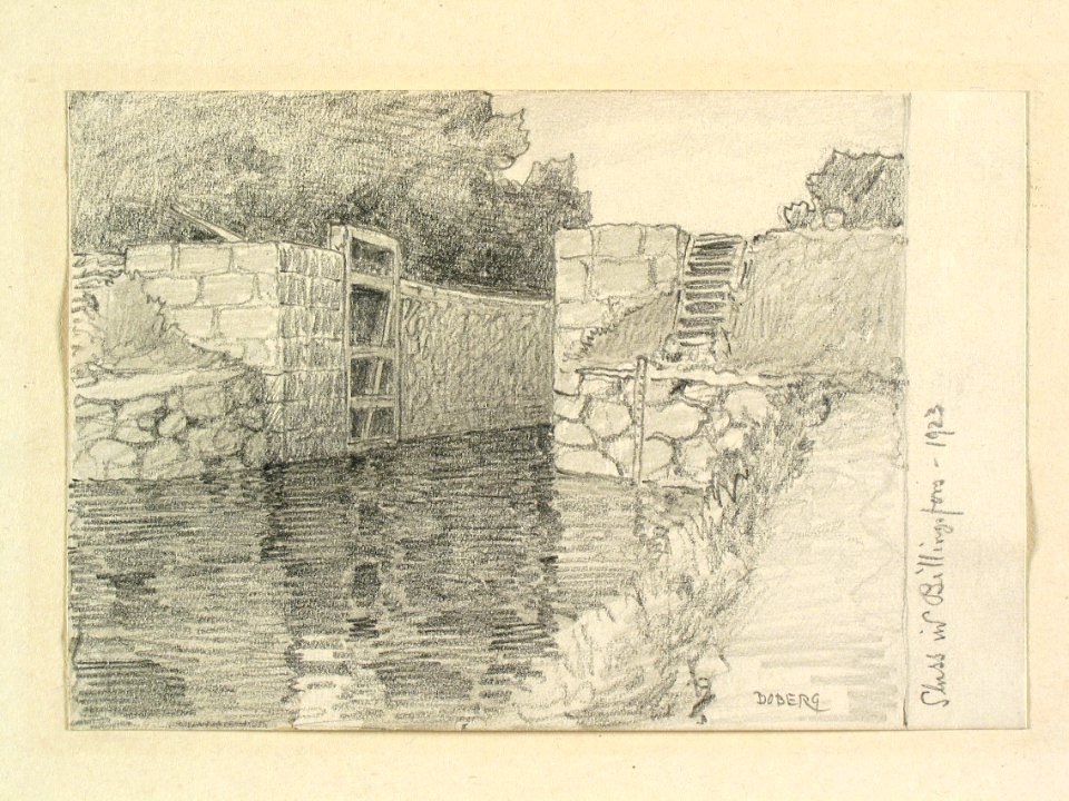 Dalsland, Vedbo hd., Laxarby sn. Sluss vid Billingsfors . Teckning av Ferdinand Boberg - Nordiska museet - NMA.0088801
