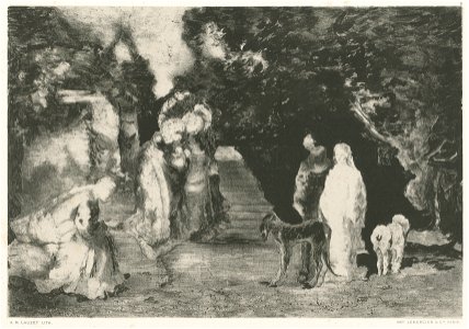 Dames op een trap met honden, objectnr A 15575