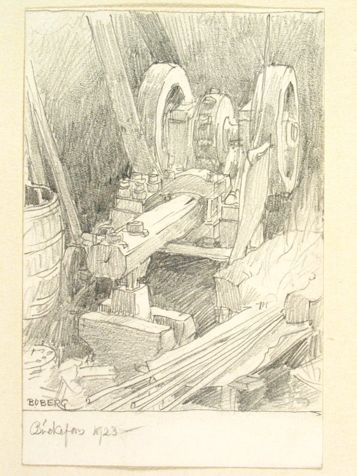 Dalsland, Bäckefors. Interiör av smedja. Teckning av Ferdinand Boberg - Nordiska museet - NMA.0088031