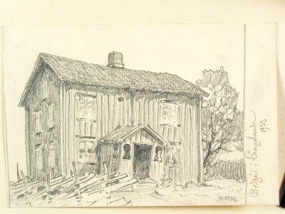 Dalsland, Långelanda. Boningshus. Teckning av Ferdinand Boberg - Nordiska museet - NMA.0088024