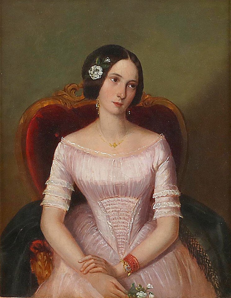 Dame in rosa Kleid c1850