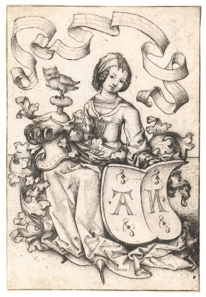 Dame met uil en wapenschild met de letters AN