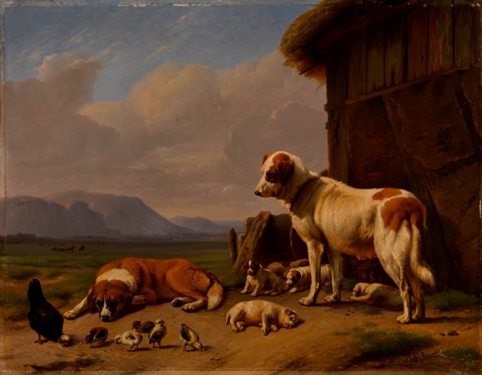 Daniel Adolphe Roberts Jones (1806-1874) - Landscape with Dogs and Chickens in a Farmyard - RCIN 406249 - Royal Collection