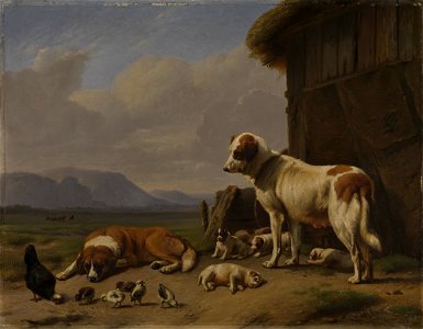 Daniel Adolphe Roberts Jones (1806-1874) - Landscape with Dogs and Chickens in a Farmyard - RCIN 406249 - Royal Collection