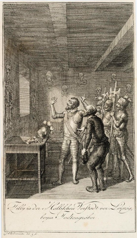 Daniel Chodowiecki - Tilly in der Hallischen Vorstadt von Leipzig, beym Todtengräber