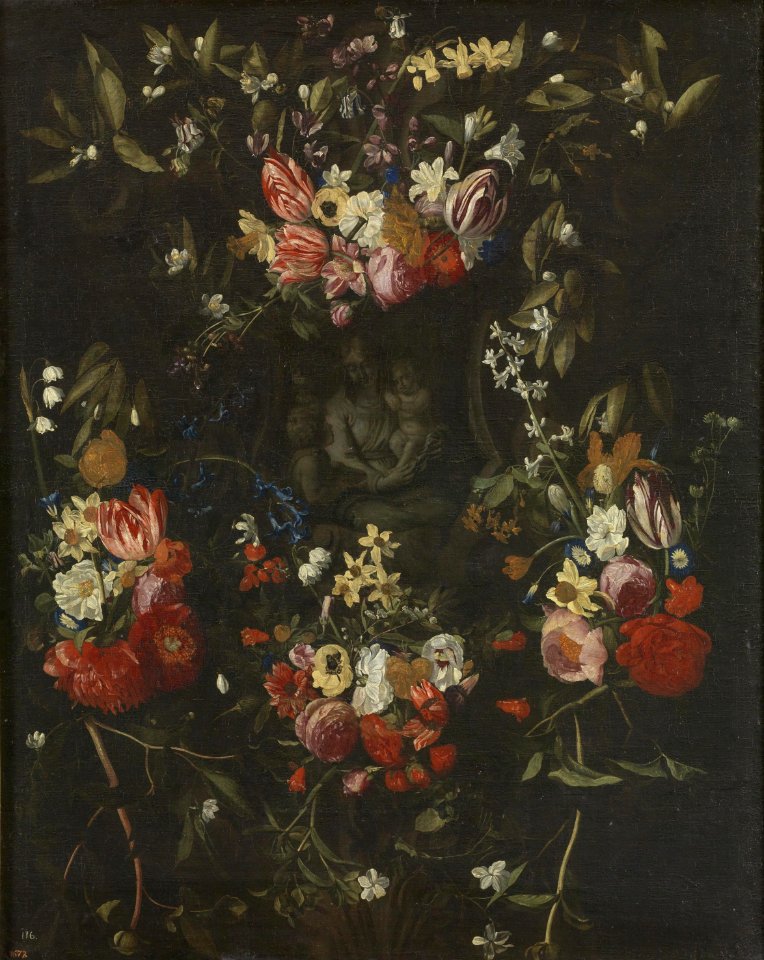 Daniel Seghers - Flower garland around the Madonna, Child and St John the Baptist