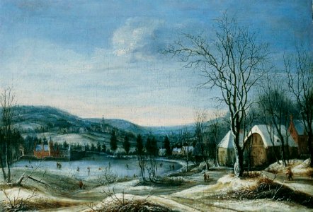 Daniel van Heil - Winter landscape with skaters on a lake. Free illustration for personal and commercial use.
