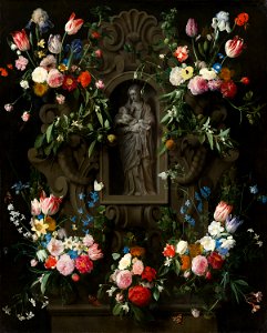 Daniël Seghers ^ Thomas Willeboirts Bosschaert - Garland of Flowers surrounding a Sculpture of the Virgin Mary - 256 - Mauritshuis