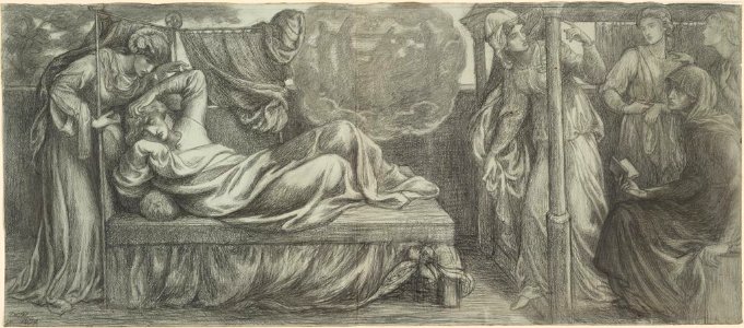 Dante Gabriel Rossetti - Dante's Dream (drawing for predella, left panel). Free illustration for personal and commercial use.