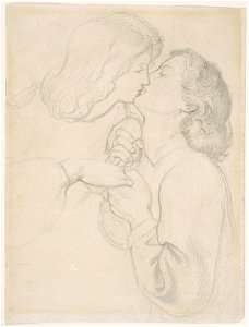 Dante Gabriel Rossetti - Dante and Beatrice, study for The Rose Garden. Free illustration for personal and commercial use.