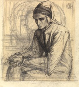 Dante Gabriel Rossetti - Dante in Meditation Holding a Pomegranate. Free illustration for personal and commercial use.