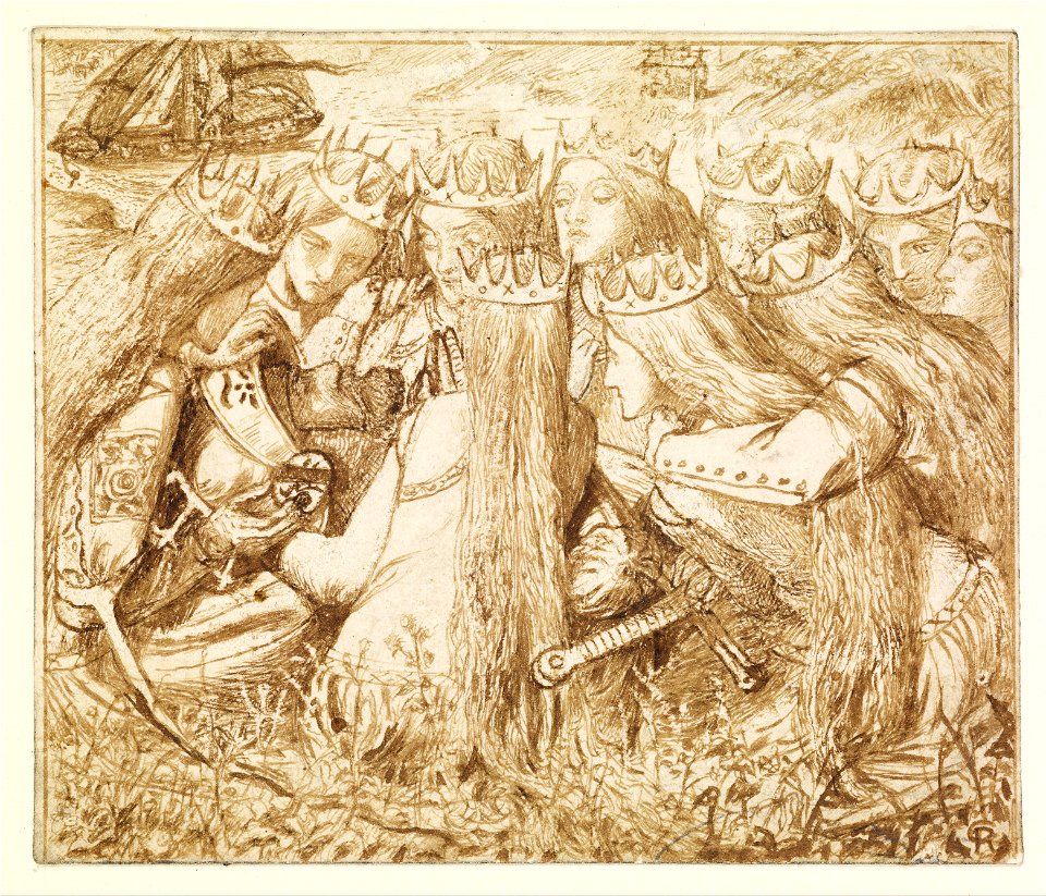 Dante Gabriel Rossetti - Design for Moxon's Tennyson - King Arthur and the Weeping Queens - Google Art Project