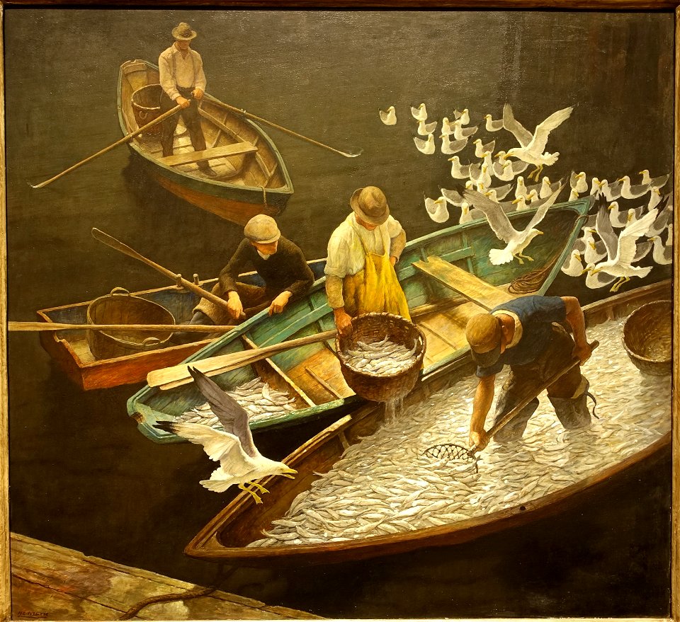 Dark Harbor Fishermen by N. C. Wyeth, 1943, tempera on panel - Portland Museum of Art - Portland, Maine - DSC04338