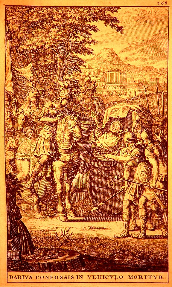Darius run through and dead in a wagon, inspected by Alexander (1696)