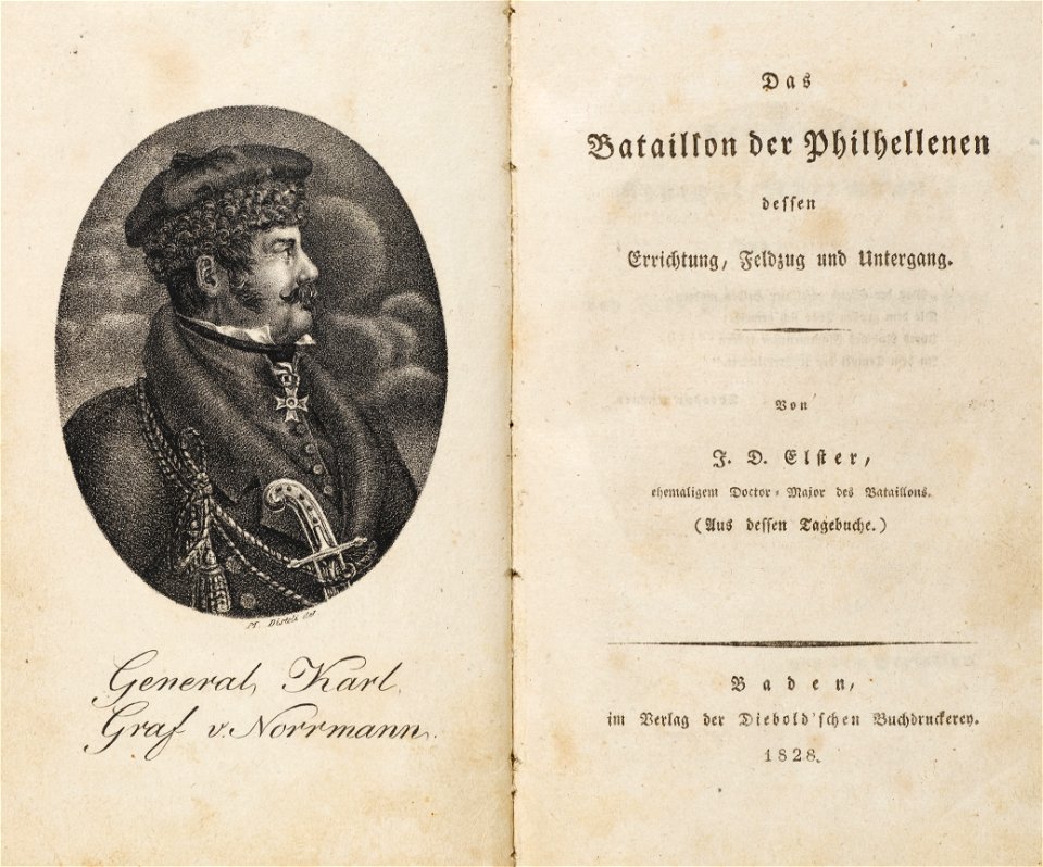 Das Batillon der Philhellenen 1828 Portrait Normann und Titel
