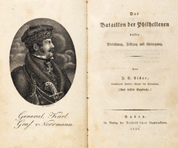 Das Batillon der Philhellenen 1828 Portrait Normann und Titel. Free illustration for personal and commercial use.