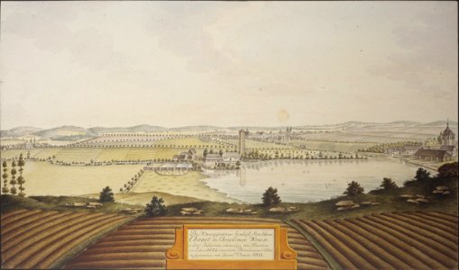 Das Koeniggraetzer-bischöfl. Staedtchen Chrast in Chrudimer Kreise. 1. Dorf Podlazitz, ehemalige von Hussiten im Jahre 1424 zerstörte Benedictiner Abtei aufgenommen von Joann Venuto 1811