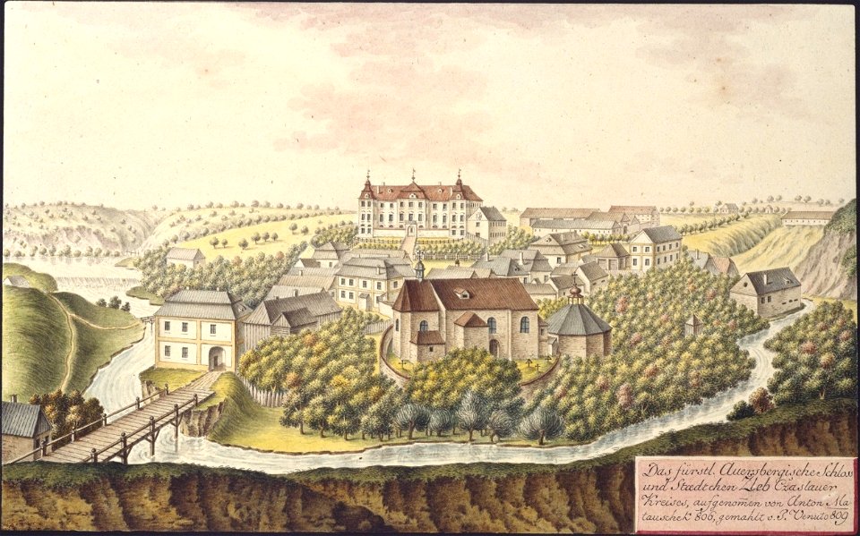Das fürstl. Auersbergische Schloss und Staedtchen Zleb Cžaslauer Kreises, aufgenommen von Anton Matauschek 1806 gemahlt v. J. Venuto 1809