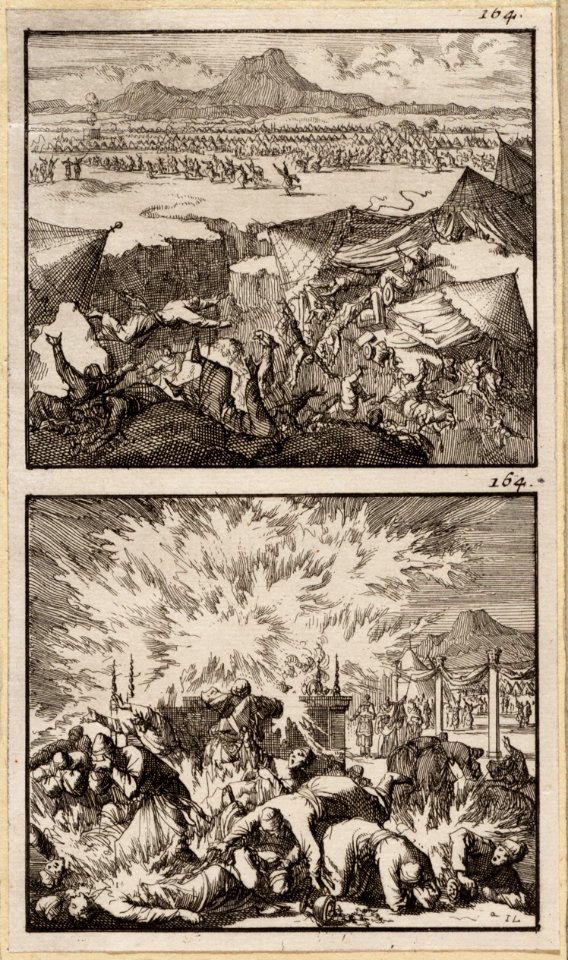Dathan en Abiram met hun volgelingen door de aarde verzwolgen, Korach en zijn 250 volgelingen voor het altaar door een hemels vuur gedood, objectnr A 48140
