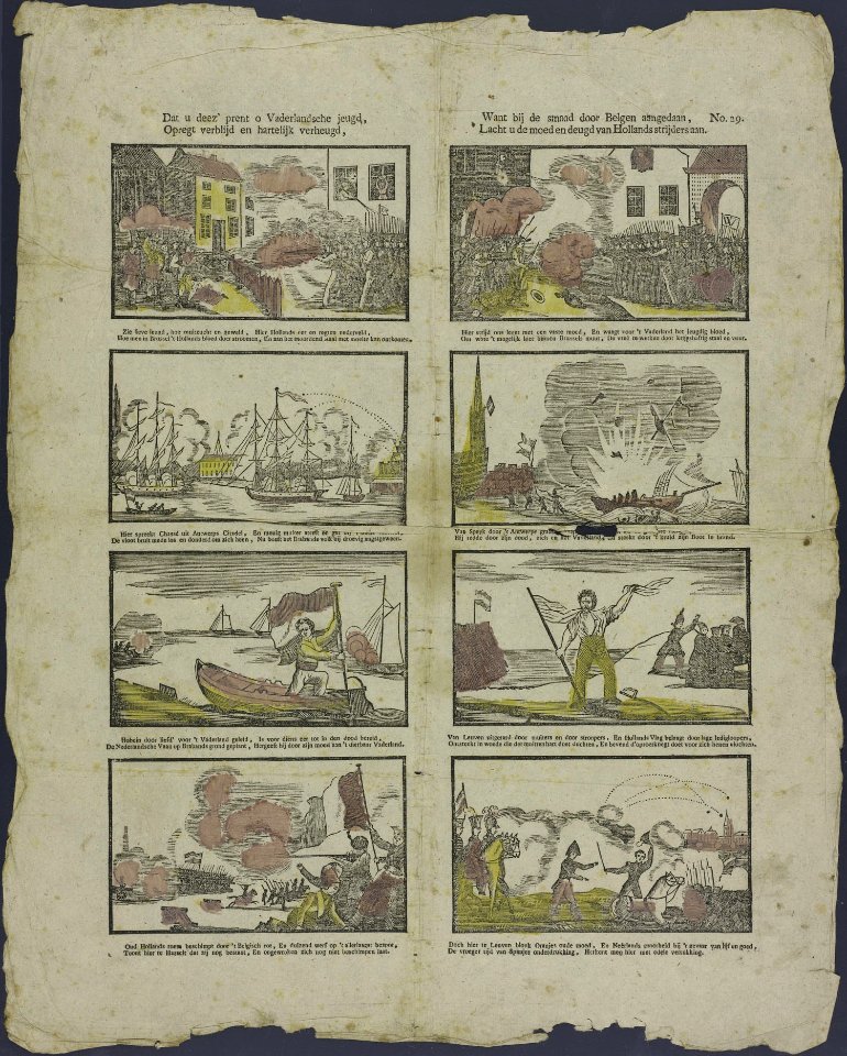 Dat u deez' prent o Vaderlandsche jeugd, opregt verblijd en hartelijk verheugd, Want bij de smaad door Belgen aangedaan, Lacht u de moed en deugd van Hollands strijders aan-Catchpenny print-Borms 0529