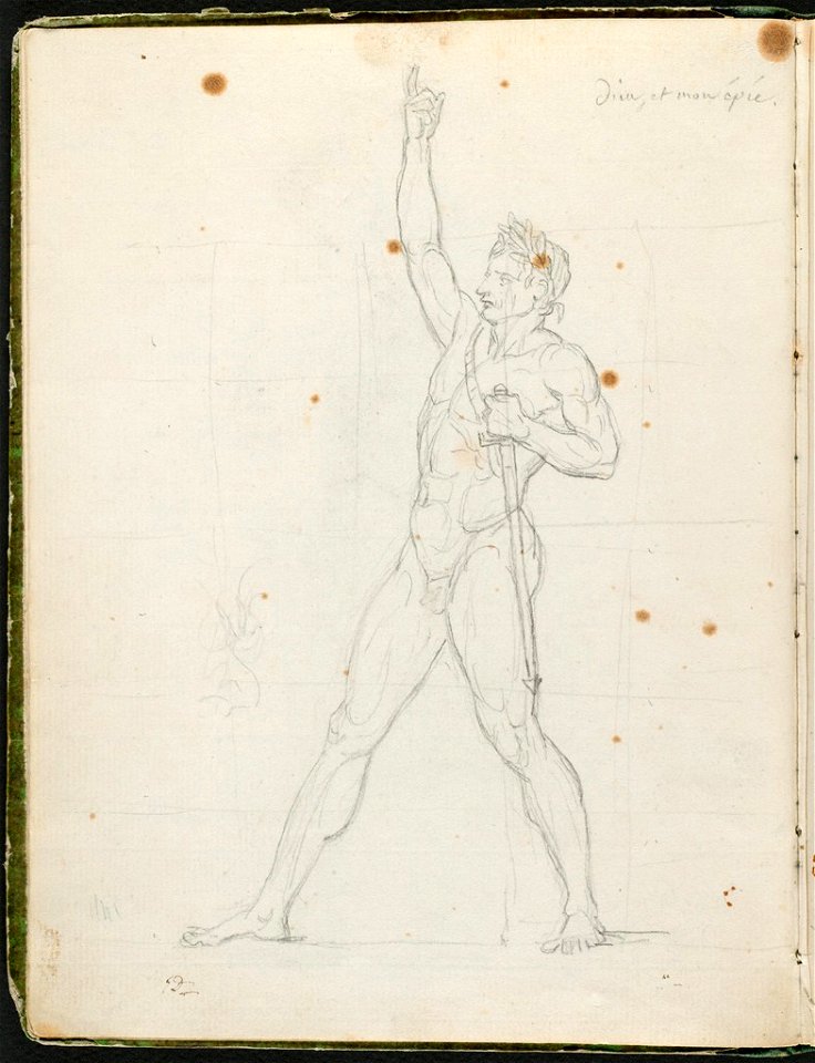 David - 1943.1815.12.2, verso Nude Study of Napoleon Striding Forward, Raising His Right Arm and Clutching a Sword to His Breast