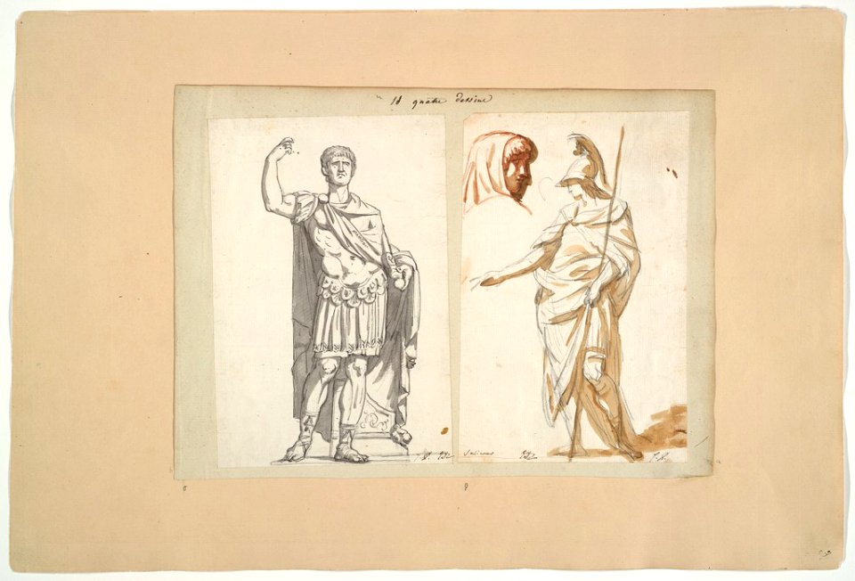 David - 1943.1815.19.3.A, Standing Male Figure Wearing a Helmet and Carrying a Spear; A Youthful Head in Profile to the Right (The Roman Album)