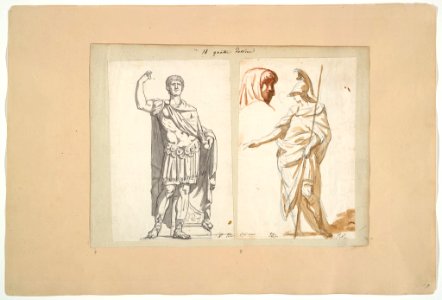 David - 1943.1815.19.3.A, Standing Male Figure Wearing a Helmet and Carrying a Spear; A Youthful Head in Profile to the Right (The Roman Album)