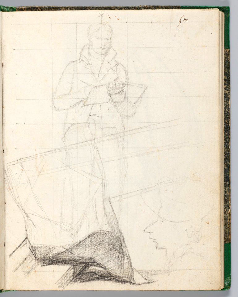 David - 1943.1815.13.57, Study of the Artist Standing Sketching; Lowered Banners; Profile Caricature
