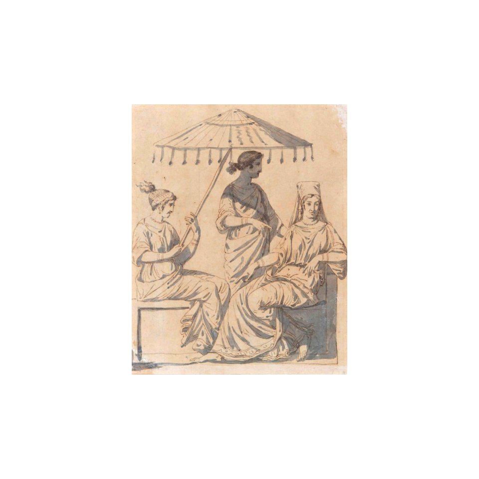 David - Attributed to - three women, two seated, one holding an elaborate parasol, another standing, lot.141