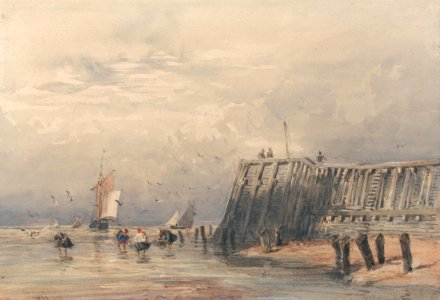 David Cox - Sailing Barges and Shrimpers off a Pier - Google Art Project. Free illustration for personal and commercial use.