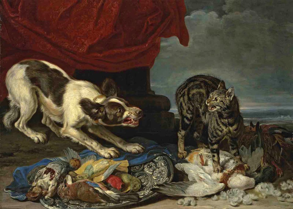 David de Coninck - A cat and a dog fighting over fowl, a column with draped curtain and coastal landscape beyond
