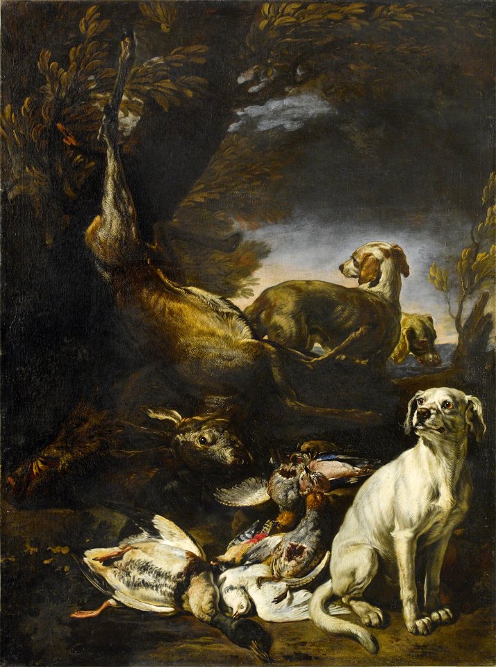 David de Coninck - Gejaagd wild bewaakt door honden in een boslandschap