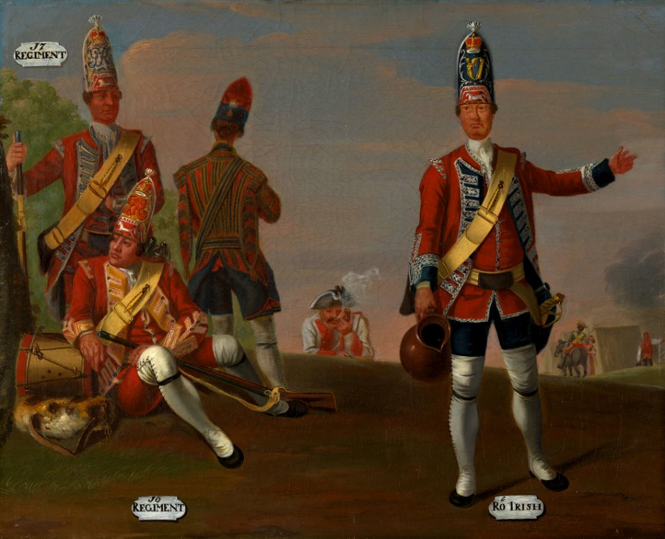 David Morier (1705^-70) - Grenadiers, 16th and 17th Regiments of Foot, and Grenadier and Drummer, 18th Royal Irish Regiment of Foot, 1751 - RCIN 405583 - Royal Collection