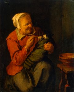 David Rijckaert (III) - Peasant Woman with a Cat. Free illustration for personal and commercial use.