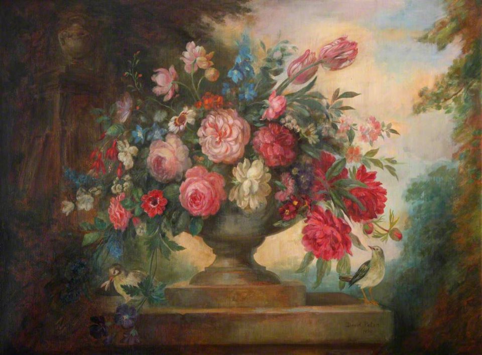 David Paton (active c.1923-1930) - Floral Still Life in an Urn, on a Plinth, with Birds - 1650808 - National Trust