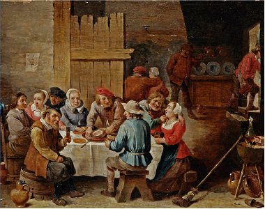 David Teniers (II) - Peasants eating and drinking in an interior. Free illustration for personal and commercial use.