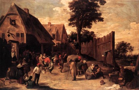 David Teniers (II) - Peasants Dancing outside an Inn - WGA22094. Free illustration for personal and commercial use.