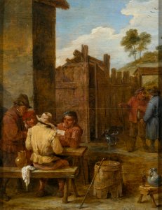 David Teniers (II) - Peasants playing cards outside an inn. Free illustration for personal and commercial use.