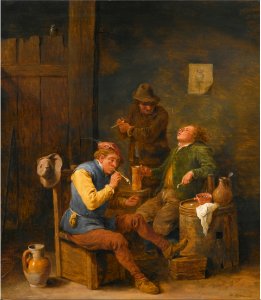David Teniers (II) - Three smokers and a drinker in a tavern interior. Free illustration for personal and commercial use.