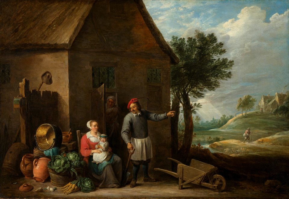 David Teniers - Een boer met zijn vrouw en kind voor de boerderij