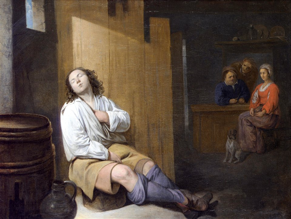 David Ryckaert III - A tavern interior with a young man asleep, figures seated at a table beyond